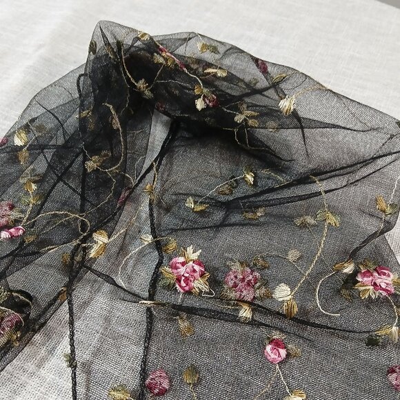 Black Tulle Pink Rose All Over Embroidery Scarf - Picture 4 of 7